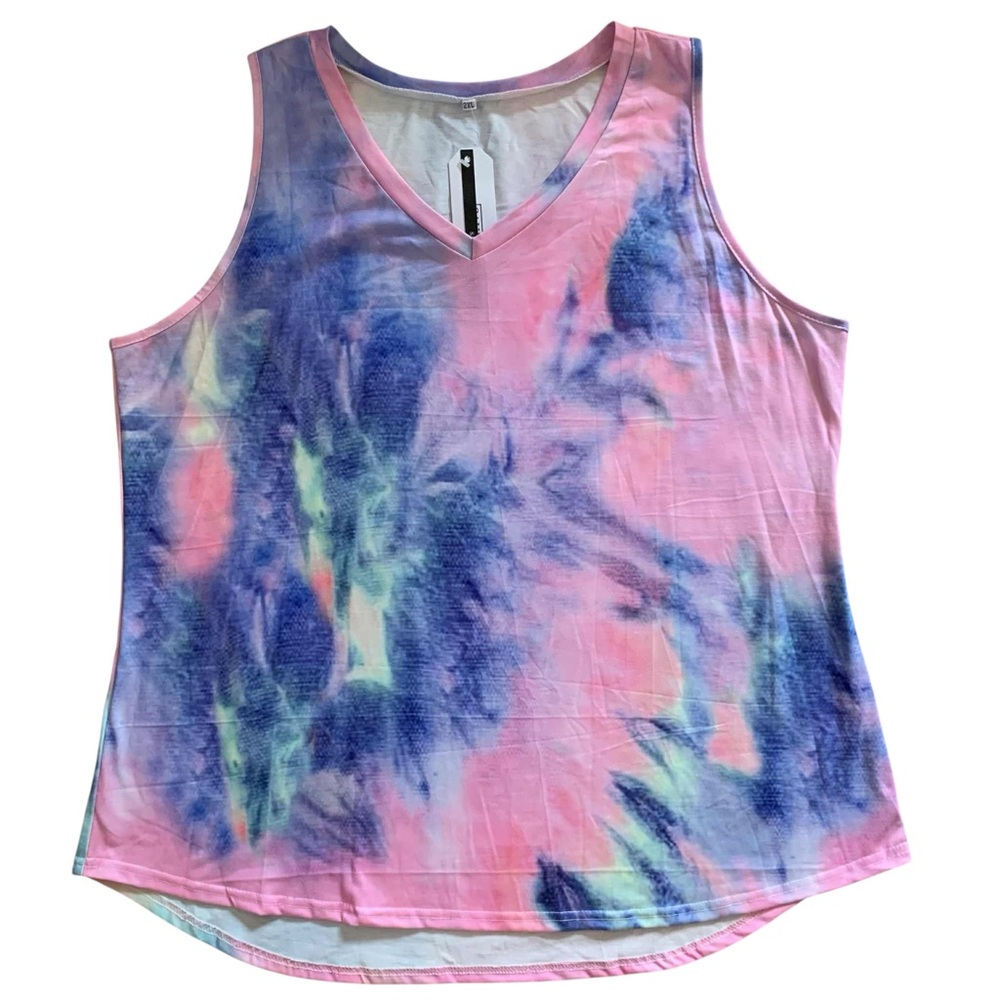 Tie-Dye Graphic Tank Top Cotton Blend V-neck Sleeveless Shirt Womens 2XL
